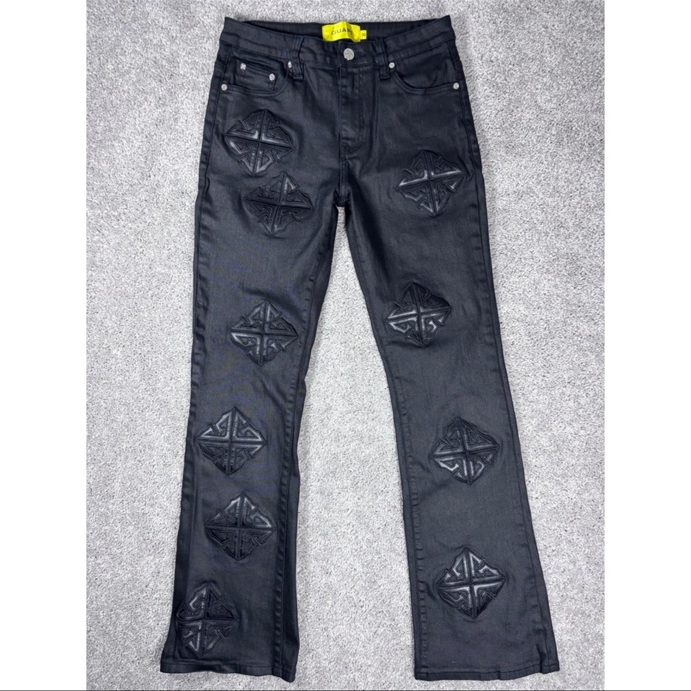 NWOT GUAPI Black Embroidered Design Jeans Men Size 30 Bootcut Flare Denim